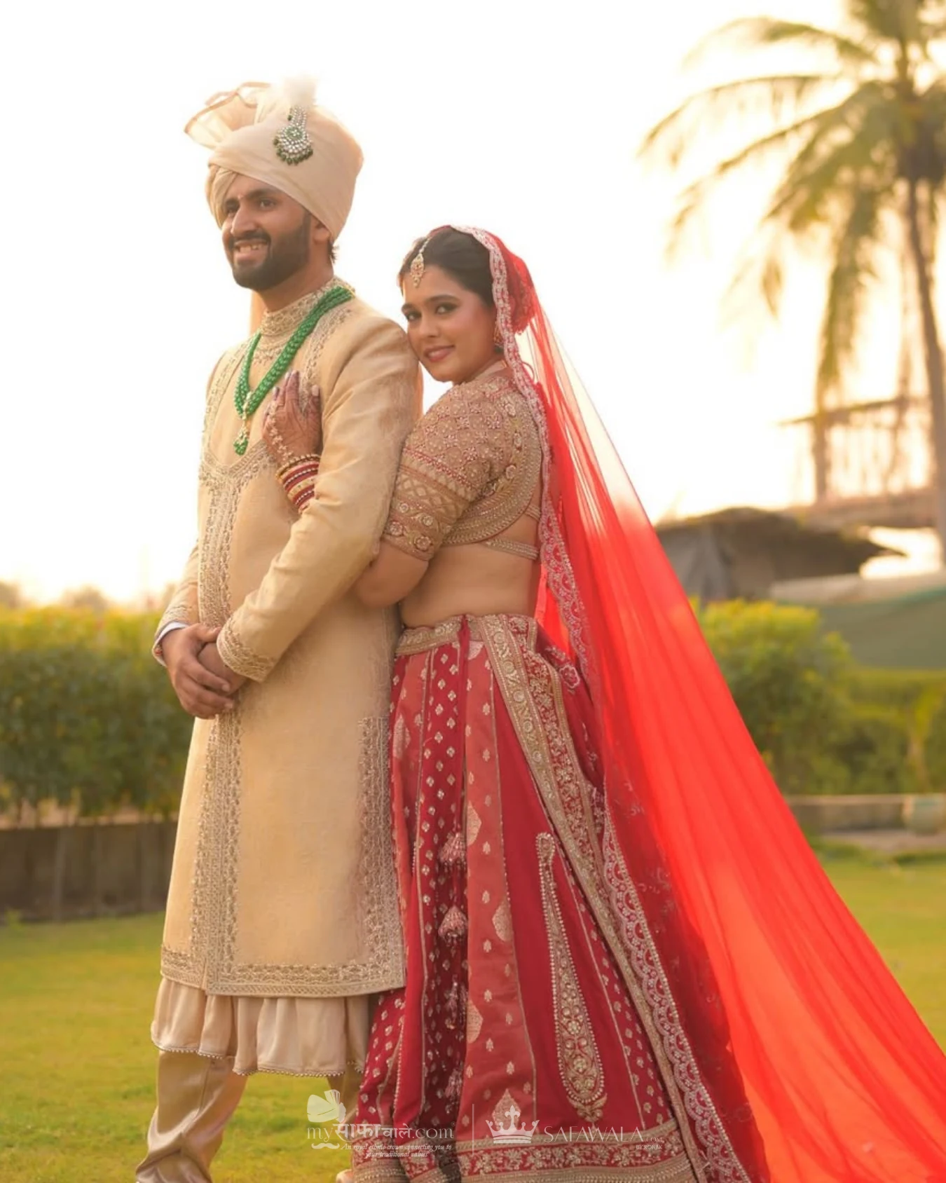 Classic groom pagdi styled with a red ceremonial stole for Ampitiya